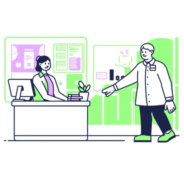 A friendly receptionist is standing behind a front desk at the entrance of a dental clinic. She has a warm smile and is wearing a light-colored blouse with a name tag. On the desk, there is a small plant, a stack of brochures, and a computer monitor displaying patient information. In the background, there are dental posters on the walls and a waiting area with comfortable chairs. A patient, a middle-aged man, is approaching the desk with a relaxed demeanor, ready to check-in for his appointment. The clinic has a clean and organized appearance, conveying a welcoming atmosphere.