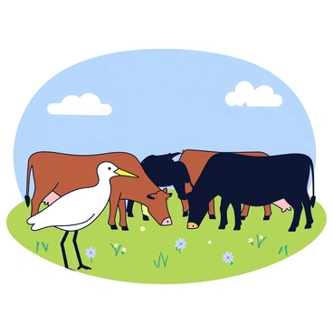 A cattle egret with a white plumage is standing next to a group of brown and black grazing cattle in a sunny pasture. The cattle are munching on green grass, and the pasture is dotted with small patches of wildflowers. The sky above is clear and blue, casting bright sunlight over the scene. The egret is watching the cattle intently, with its short yellow beak slightly open.