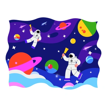 A jigsaw puzzle displaying a colorful outer space scene. The background features a deep blue and purple starry sky filled with twinkling stars. Several vibrant planets of varying sizes, including a bright red planet with rings, a green and blue Earth-like planet, and a yellow gas giant, are scattered across the scene. Two astronauts in sleek white suits float in the foreground, one holding a golden flag while the other reaches out towards a nearby planet. Details like shooting stars and colorful nebulae add depth to the cosmic environment.