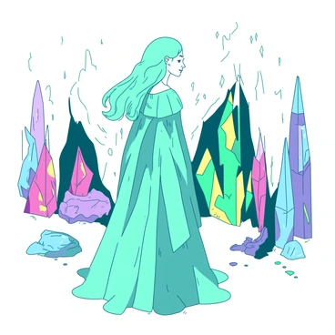 A teal Galadriel with long flowing hair is exploring a stunning white crystal cave. The cave is filled with various colorful crystals jutting out from the walls, with light refracting through them, creating a kaleidoscope of colors. Galadriel is wearing an elegant gown that glimmers subtly under the light, and she gazes in awe at the beauty around her. Some crystals are large and towering, while others are small and delicate, creating a fascinating landscape of shimmering surfaces. Light reflects off the crystals, casting vibrant patterns on the cave floor.