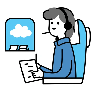 A traveler sitting in an airplane seat, wearing a navy blue jacket and black headphones. They are holding a feedback questionnaire with a pen in their right hand. The seat next to them is empty. The window shows a view of fluffy white clouds against a blue sky. The seatbelt sign is illuminated above, and there are a few travel magazines in the seat pocket in front of them.