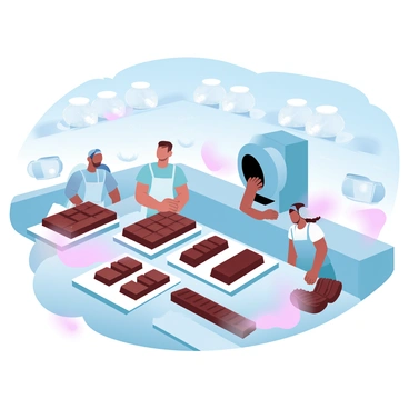 A large chocolate factory interior is filled with workers carefully molding chocolate bars. The workers are wearing white aprons and hairnets, engaged in their tasks at various stations. Various molds and trays are scattered throughout the workspace, with some trays filled with shiny, freshly poured chocolate. A huge machine in the background is constantly pouring melted chocolate into molds. There are large containers of cocoa powder and ingredients labeled neatly along the walls. The atmosphere is busy with the motion of the workers and the rich brown color of the chocolate dominating the scene.