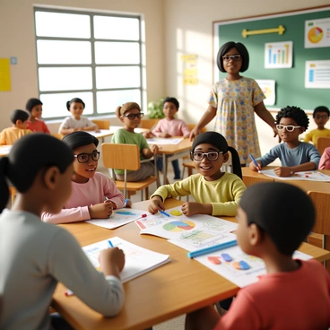 A classroom filled with children engaged in a money management lesson. Several students are seated at wooden desks, each focused on their creative ledgers. The ledgers are colorful and filled with drawings and charts. One child has a bright blue pencil and is drawing a pie chart, while another is using stickers to mark different budget categories. A teacher, wearing glasses and a floral dress, moves around the room, assisting students with their work. Sunlight streams through the windows, illuminating the various educational posters on the walls about savings and expenses. The atmosphere is lively and interactive, filled with the sounds of laughter and discussion.