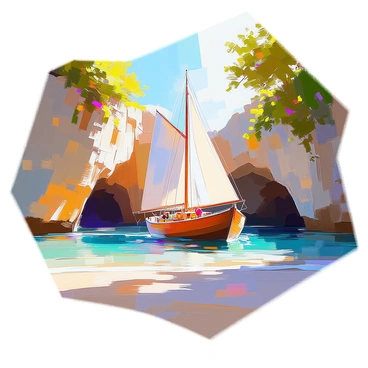 A large sail barge with billowing white sails is entering a secluded cove. The vessel is crafted from polished wood, reflecting the sunlight as it glides over the crystalline waters. The cove is surrounded by rugged cliffs adorned with lush green vegetation. Hidden caves are visible along the rocky shoreline, their entrances partially obscured by cascading vines. The water is a vibrant shade of turquoise, revealing glimpses of colorful marine life beneath the surface. Light filters down through the trees, casting dappled shadows on the sandy beach.