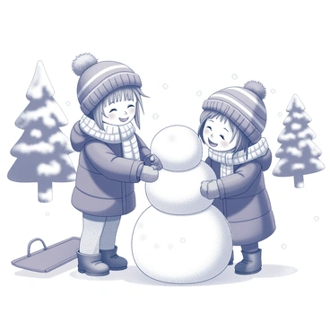 Two children are bundled up in winter clothes, standing in a snowy park. Kaede, wearing a thick, knitted scarf and a puffy jacket, is rolling a large snowball for the base of a snowman. Suzu, in a colorful beanie and warm mittens, is adding smaller snowballs for the snowman's middle and head. They are surrounded by snow-covered trees, and there are snowflakes gently falling from the sky. Nearby, a small sled can be seen resting on the ground, and their laughter fills the winter air as they work together on their snowman.