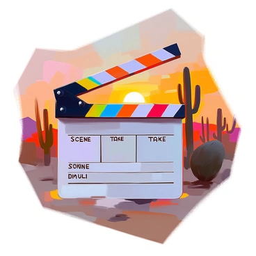 A classic clapperboard with a black and white design is shown snapping shut, its wooden body polished and vibrant. The clapper is raised, ready to close, and it features clear markings indicating the scene and take. In the background, an iconic film scene unfolds, showcasing a dramatic sunset over a desert landscape with silhouettes of cacti. The warm hues of orange and yellow fill the sky, creating a stark contrast against the darkening silhouettes. The overall composition captures the essence of filmmaking, blending the clapperboard's significance with the cinematic moment behind it.