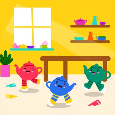 Several whimsical teapots with arms and legs are happily hopping around a bright and cheerful kitchen setting. Each teapot is uniquely designed, featuring vibrant colors like red, blue, and green, with playful patterns such as polka dots and stripes. The teapots have expressive faces, displaying joy as they bounce around. The kitchen is filled with sunny yellow walls, a wooden table, and colorful dishware neatly arranged on the shelves. Sunlight streams through a window, casting cheerful shadows on the floor, while a few playful kitchen utensils are scattered around, adding to the lively scene.