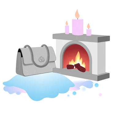 A Chanel bag sits elegantly next to a warm fireplace, its signature quilted design gleaming softly in the ambient light. The fireplace is filled with glowing embers, casting a cozy glow over its surroundings. Soft, plush blankets are draped casually on the floor, inviting warmth and comfort. Several candles of varying heights are positioned around the fireplace, their flickering flames creating a serene atmosphere. The overall scene emanates a sense of luxury and comfort.