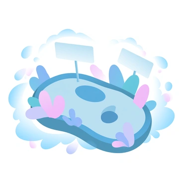 An underwater scene features a small island shaped like an animal cell. The island is surrounded by shimmering blue water and colorful coral reefs. Various structures of the cell, such as the nucleus, mitochondria, and endoplasmic reticulum, are represented as distinct landforms on the island. Each cell part is labeled with clear signposts that have the names of the structures inscribed on them. Small schools of fish swim around the island, and bubbles rise to the surface, adding to the vibrant underwater atmosphere.