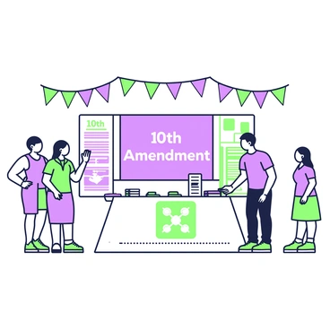 A county fair exhibit showcases various information and displays about the "10th Amendment". In the center, there is a large, interactive board featuring a bold title, "10th Amendment". Surrounding the board, there are smaller panels that highlight key points and historical context. On one side, a table displays pamphlets and brochures for visitors to take home. Next to it, a friendly volunteer engages with visitors, explaining the importance of the amendment. Colorful decorations, such as banners, frame the exhibit area, while a few curious attendees gather around to learn more.