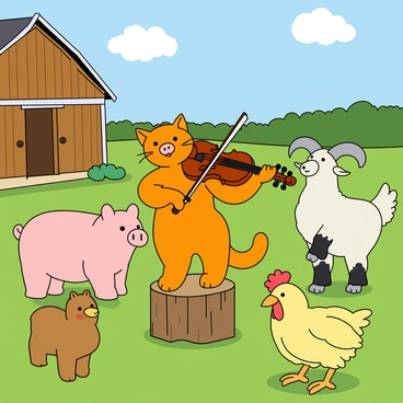 A colorful scene features a group of barn animals gathered together in a lush green field. In the center, a cheerful orange tabby cat stands on a small wooden stump, skillfully playing a shiny fiddle with its paws. Surrounding the cat are a variety of animals: a plump pig with a pink snout, a curious goat with curved horns and a fluffy white coat, and a couple of playful chickens, one with bright yellow feathers and the other speckled brown. The animals have joyful expressions, swaying gently to the rhythm of the music, creating a lively atmosphere in the barnyard. A wooden barn structure can be seen in the background, with a blue sky and fluffy white clouds overhead.