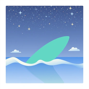 A vibrant blue surfboard is floating on a calm ocean. The surface of the water reflects the light of the stars twinkling in the night sky above. The sky is adorned with countless stars, creating a dazzling display. In the background, gentle waves lap around the surfboard, and a few distant clouds are visible, softly illuminated by the starlight. The scene conveys a sense of tranquility and peace.