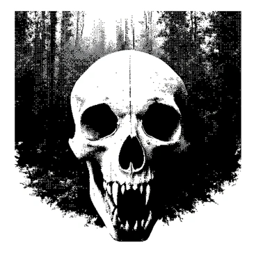 A wolf skull is positioned prominently in the foreground, with its sharp teeth clearly visible and detailed. The skull has a rugged texture, showcasing the bone structure and intricate features. In the background, a dense forest is depicted, filled with various trees and foliage, creating a sense of depth and natural environment surrounding the skull. The contrast between the skull and the forest adds an intriguing element to the composition.