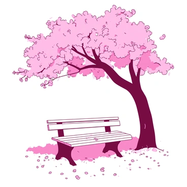 A white park bench sits empty beneath a blossoming pink cherry blossom tree. The branches of the tree are adorned with delicate pink flowers, creating a canopy of blossoms above the bench. Scattered petals lay on the ground around the bench, hinting at the stories shared there over time. The sunlight filters through the branches, casting dappled shadows on the grassy area surrounding the bench.