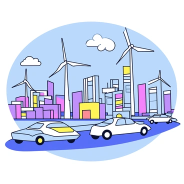 A futuristic cityscape featuring sleek buildings with shiny surfaces and angular designs. The skyline includes various high-rise structures with large glass windows reflecting sunlight. On the streets, there are solar-powered cars with smooth lines and minimalist designs. Scattered throughout the city are tall wind turbines with elongated blades, spinning gracefully in the breeze. The scene showcases a clear blue sky with a few fluffy white clouds.