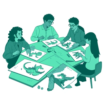 A teal group of illustrators is gathered around a large wooden table. The table is covered with numerous sketches of dragons and fairies, with some illustrations showcasing colorful details and intricate designs. Each illustrator is focused on their own sketchpad, collaborating and sharing ideas. One illustrator, with curly hair, is pointing at a particularly detailed drawing of a dragon, while another, wearing glasses, is jotting down notes next to an enchanting fairy sketch. The atmosphere is lively, filled with creativity and imaginative exchanges.