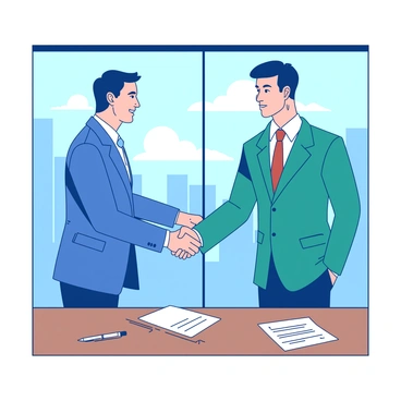Two executives are engaged in a handshake, symbolizing the finalization of a sponsorship deal. One executive is wearing a tailored blue suit and the other is in a sharp teal dress suit. They are standing in a modern office setting, with a large glass window in the background that reveals a city skyline. A wooden conference table is visible, with a few documents and a pen neatly arranged in front of them. The expressions on their faces convey determination and satisfaction as they complete the important agreement.