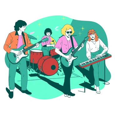 A teal 1980s band is performing on stage, with four members playing electric guitars. The lead guitarist is wearing a bright orange leather jacket with shoulder pads, while the bassist sports a patterned pink shirt and high-waisted jeans. The drummer, in the background, has a colorful bandana tied around his head and is seated behind a shiny red drum set. The keyboardist is dressed in a retro white outfit with oversized sleeves, passionately playing a synthesizer. The stage is lit with vibrant colored lights that enhance the energetic atmosphere of the performance.