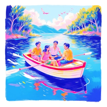 A group of friends is enjoying a boat ride on a calm lake surrounded by lush greenery. In the boat, "Kim Jong Un" is laughing and engaging with his friends. They are all wearing casual summer attire. The sunlight is reflecting off the water, creating a sparkling effect. There are trees along the shoreline, and a few birds can be seen flying above. The mood is light and cheerful as everyone shares in the fun of the day.