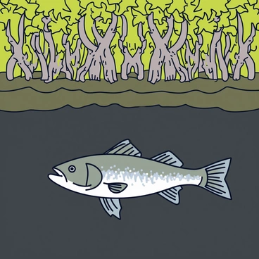 A bass fish with shiny scales gliding gracefully through the water. The fish has a streamlined body and a wide, slightly open mouth. Surrounding the bass are tangled roots of mangrove trees, which rise from the murky bottom and extend upwards into the water. The roots are gnarled and twisted, creating a dense underwater landscape. The water is a deep greenish-brown, with light filtering through the leaves of the mangrove canopy above, casting dappled shadows on the scene.