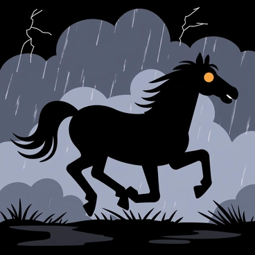 A ghostly black horse with fiery eyes galloping through a stormy night