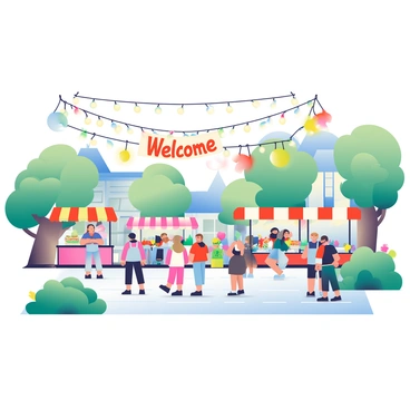 A village square is bustling with activity as it is decorated for a festival. Colorful "Welcome" signs are prominently displayed at various points around the square. String lights are draped elegantly across the square, creating an inviting atmosphere as they glow softly. People are gathered in small groups, enjoying the festive ambiance. Stalls with colorful awnings are set up around the perimeter, offering local crafts and food. Lush greenery and blooming flowers surround the square, enhancing the cheerful environment.