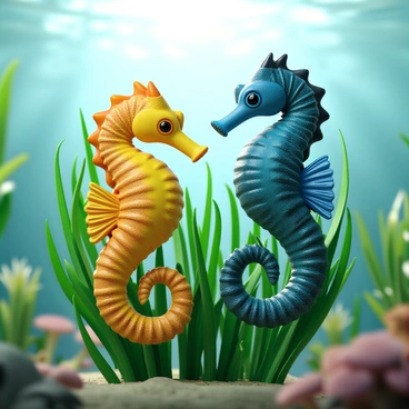 A pair of seahorses, one with bright yellow hues and the other with deep blue tones, are gracefully entwined within lush green seagrass. The seahorses exhibit intricate details such as delicate fins and textured bodies, showcasing unique color patterns that shimmer under the water. The surrounding seagrass sways gently, creating a vibrant underwater scene filled with life. Sunlight filters through the water, casting soft light on the seahorses and enhancing their vivid colors.