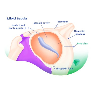 A cross-sectional illustration of a scapula, showing detailed anatomy. The scapula is depicted in a light pastel color, with a clear focus on its internal parts. Each labeled section includes the "glenoid cavity," "spine," "acromion," "coracoid process," and "subscapular fossa." Arrows point to each part for clarity. The background is minimal to emphasize the scapula and the labels are in a modern font for easy reading.