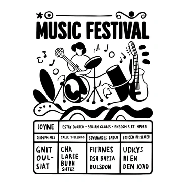 A music festival poster featuring the words "Music Festival" prominently displayed at the top. Below, there are various musical instruments, including a guitar, drums, and a microphone, arranged artistically. Surrounding the instruments are abstract shapes and waves that suggest sound and rhythm. Additional details like a schedule of performances in a structured layout are included at the bottom, arranged neatly. The entire design is filled with intricate patterns and dynamic lines that enhance the sense of movement and energy.