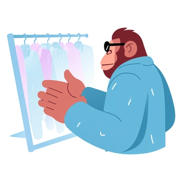 A chimpanzee is standing in front of a full-length mirror, trying on a stylish jacket that is brightly colored and tailored. The jacket has a modern cut, with sharp lines and a unique pattern. The chimpanzee is also wearing a pair of trendy sunglasses that have a bold design, resting on its head while it checks its reflection. The background is filled with clothing racks showcasing various other fashionable outfits. A soft light creates an inviting atmosphere, highlighting the textures of the jacket and the unique details of the sunglasses.