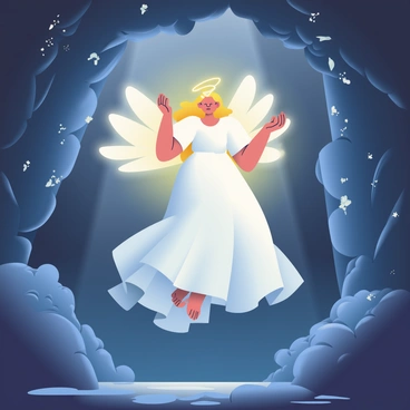 An angel with delicate white wings and glowing golden hair is hovering in a dark cave. The angel is wearing a flowing white gown that shimmers softly in the dim light. Her hands are raised, emanating a warm, celestial glow that brightens the surrounding rocky walls of the cave. Shadows dance around her as the light illuminates the cavern, revealing hints of sparkling minerals embedded in the stone. The atmosphere is filled with a sense of wonder and tranquility, as the angel casts a protective aura over the cave's interior.