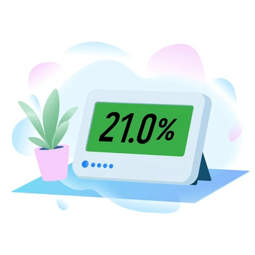 A digital meter is positioned on a flat surface, showing the numbers "21.0%" in bright green, indicating the oxygen levels in the room. The meter has a sleek, modern design with rounded edges and a clear digital display. Surrounding the meter is a softly glowing atmosphere, with gradient pastel colors blending in the background, creating a calming effect. A small, decorative plant is placed next to the meter, adding a touch of nature to the setting.
