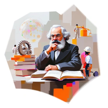A representation of "Karl Marx" as a central figure, depicted with his distinctive beard and glasses, deep in thought. He is surrounded by a swirling arrangement of elements symbolizing his philosophy, such as stacks of books, gears representing industrialism, and a world map. In the background, there are faint illustrations of people working together, signifying community and collective effort. The color palette includes deep reds and muted earth tones to emphasize the themes of labor and society.