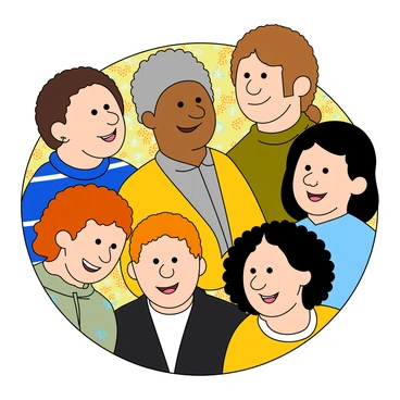 A colorful illustration displaying a variety of nose shapes and sizes, celebrating diversity. The composition features a group of diverse characters, each with distinct facial features. One character has a prominent, broad nose, while another has a slender, delicate nose. A third character showcases a round, button nose, and a fourth has a hooked nose. Each character is smiling and has unique hairstyles and clothing that reflect their individuality. The background is filled with cheerful patterns and colors, enhancing the joyful atmosphere of the illustration.