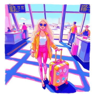 A Barbie doll with long blonde hair is standing at an airport terminal. She is wearing a stylish pink travel outfit and sunglasses. In her hand, she holds a brightly colored suitcase with travel stickers. Behind her, there are check-in counters and large windows showing planes outside. Travelers and airport staff can be seen in the background, adding to the busy atmosphere. A departure board shows upcoming flights.