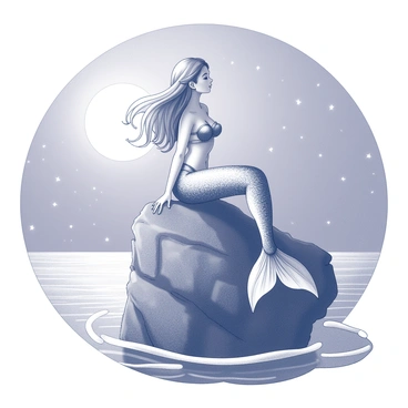 A mermaid sitting gracefully on a rugged rock formation that juts out from the calm sea. Her long hair flows elegantly in the gentle breeze, cascading down her back. The mermaid's shimmering tail glistens as it reflects the pale light of the moon above. The night sky is filled with stars, and the moon casts a silvery glow on the water's surface, creating a tranquil atmosphere. Gentle waves lap against the rock, adding a sense of movement to the serene scene.
