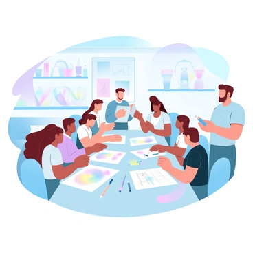 A group of students is gathered around a large table, collaborating on a colorful illustration project. Each student is holding various drawing tools such as pencils and markers, and there are sheets of paper spread out with sketches and vibrant colors. A lecturer stands nearby, observing their progress with a focused expression, holding a clipboard and offering encouragement. The background features shelves filled with art supplies and inspiring artwork displayed on the walls. Brightly lit from overhead lights, the scene is filled with an atmosphere of creativity and teamwork.