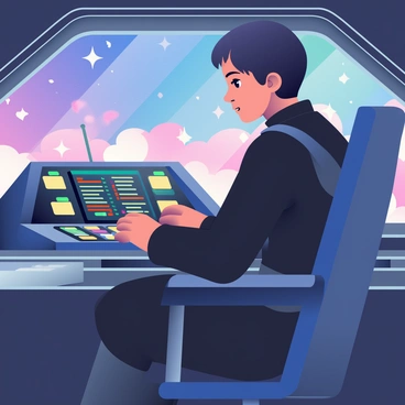 Anakin Skywalker, a young man with short, dark hair and wearing a black flight suit, is seated in the cockpit of a starship. He has a focused expression as he navigates through a colorful nebula filled with swirling blues, purples, and pinks. The control panel in front of him is illuminated with various buttons and screens displaying holographic data. In the background, the bright gas clouds of the nebula create a dynamic and vivid atmosphere, with stars twinkling in the distance. The interior of the cockpit features sleek, futuristic designs with metallic surfaces reflecting the nebula's colors.