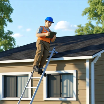 A contractor carefully inspecting a roof while balancing on a ladder