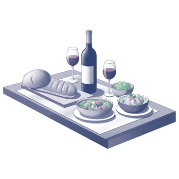 A table set with homemade French dishes and a bottle of wine