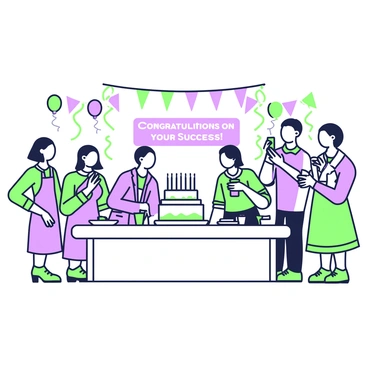 An office party is taking place with multiple employees gathered around a large table. Colorful decorations are hung from the ceiling, including streamers and balloons. On the table, there is a large cake with candles, surrounded by plates and cups. Employees are smiling and chatting, some are holding drinks, while others are reaching for slices of cake. In the background, a banner reads "Congratulations on Your Success!" and a few employees are taking pictures together, capturing the joyful moments of celebration.