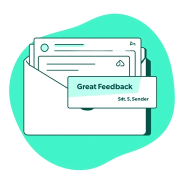 A white email inbox is displayed on a teal background. In the inbox, there are several messages visible, but one message is prominently highlighted. This highlighted message is titled "Great Feedback" and is shown in bold, making it stand out. The other messages in the inbox are in a lighter font, creating a contrast with the highlighted message. The overall layout is tidy, with the sender's name and date clearly visible next to the highlighted message.