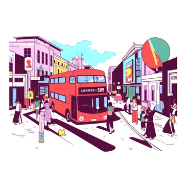 A red double-decker bus travels down a bustling street in a cultural district. On either side of the road, there are various art installations displayed prominently, each piece exhibiting a unique design and vibrant colors. People can be seen walking along the sidewalk, stopping to admire the installations. Some individuals are taking pictures, while others engage in animated conversations. The buildings surrounding the street are adorned with colorful murals, adding to the lively atmosphere of the area.