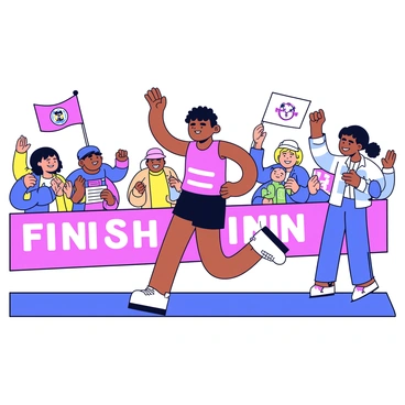 A runner with a determined expression is crossing the finish line. The runner wears a bright red tank top and black shorts, their arms are raised in triumph. In the background, a cheering crowd of diverse spectators is visible, some waving flags and others holding signs. The finish line is marked by a large banner with the words "Finish Line" in bold letters. The scene captures the excitement and energy of the moment.