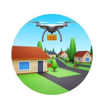 A drone delivering a package to a doorstep in a suburban neighborhood