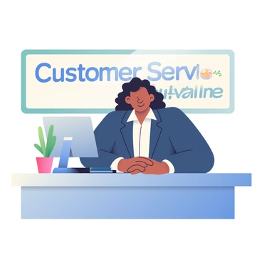 A smiling receptionist with light brown skin and curly black hair is standing at a customer care desk. She is wearing a professional, navy blue blazer over a white blouse. The desk is decorated with a small potted plant and a stack of brochures. A computer monitor is positioned on the desk, displaying a welcome message. Behind her is a large sign that reads "Customer Service" in bold letters. The receptionist is leaning slightly forward, ready to assist clients with inquiries, her hands resting on the desk.