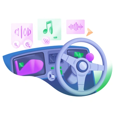 A modern pastel illustration depicting a "potentiometer" prominently featured on a dashboard, surrounded by various car audio system components. The potentiometer is designed with a sleek, circular shape, indicating its function to control volume. On either side of it, there are toggle switches and a digital display showing the current volume level. The dashboard is illustrated in soft shades of blue and gray, with a steering wheel in the foreground. Additionally, there are icons representing music notes and sound waves above the dashboard, enhancing the context of the audio system.