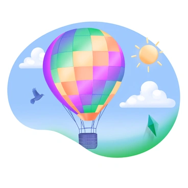 A colorful hot air balloon with a round, vibrant canopy is floating in a clear blue sky. The basket of the balloon is creatively made up of interconnected databases, designed to resemble a grid structure. Fluffy white clouds drift by in the background, adding depth to the scene. The sun is shining brightly, casting soft shadows on the balloon. A few birds can be seen flying nearby, enhancing the sense of height and freedom in the image.