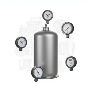 A metallic air tank is positioned at the center of the image, showcasing its cylindrical shape with a polished surface. The tank is partially transparent, allowing a clear view of the compressed air inside, which is illustrated with visible pressure indicators. Surrounding the tank, several analog and digital pressure gauges are mounted, displaying real-time pressure readings in various units. The gauges feature bright, contrasting colors with needle indicators for the analog ones and a digital readout for the electronic gauge. The background includes faint outlines of industrial equipment to add context to the scene without distracting from the main focus.