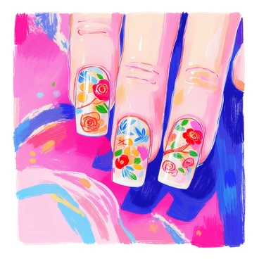 A close-up of beautifully manicured nails displays a glossy finish. Each nail features intricate "Chanel" logos, clearly visible and elegantly placed. The nails also showcase delicate rose nail art designs in shades of pink and red, with detailed petals and green leaves. The background is softly blurred to highlight the artistry of the nails, adding depth to the image.